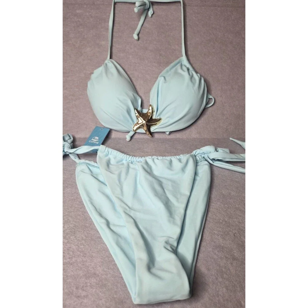 CUPSHE Lt Blue Starfish Bikini Set Gold Hardware Tie Sz XL Swimsuit